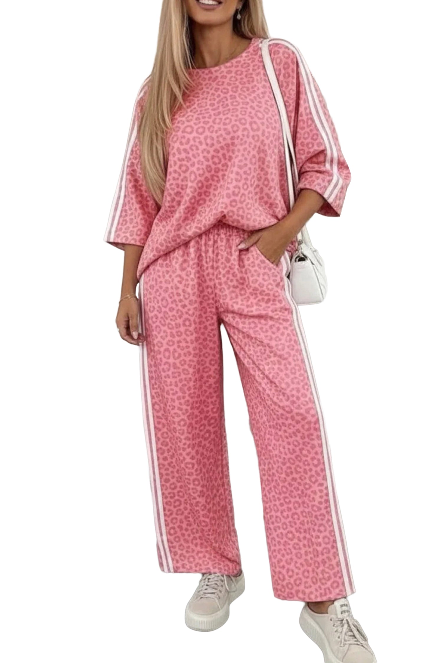 Leopard Print Varsity Striped Detail 3/4 Sleeve Top Shift Pant Set – Pink