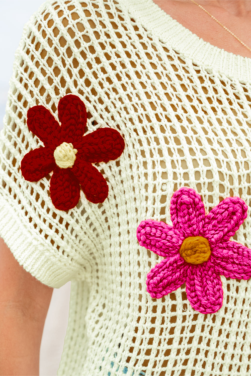Light French Beige Crochet Flower Hollow-out Sweater eAura