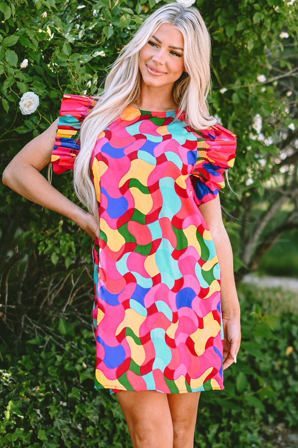 Rose Red Abstract Print Ruffle Sleeve Shift Dress eAura