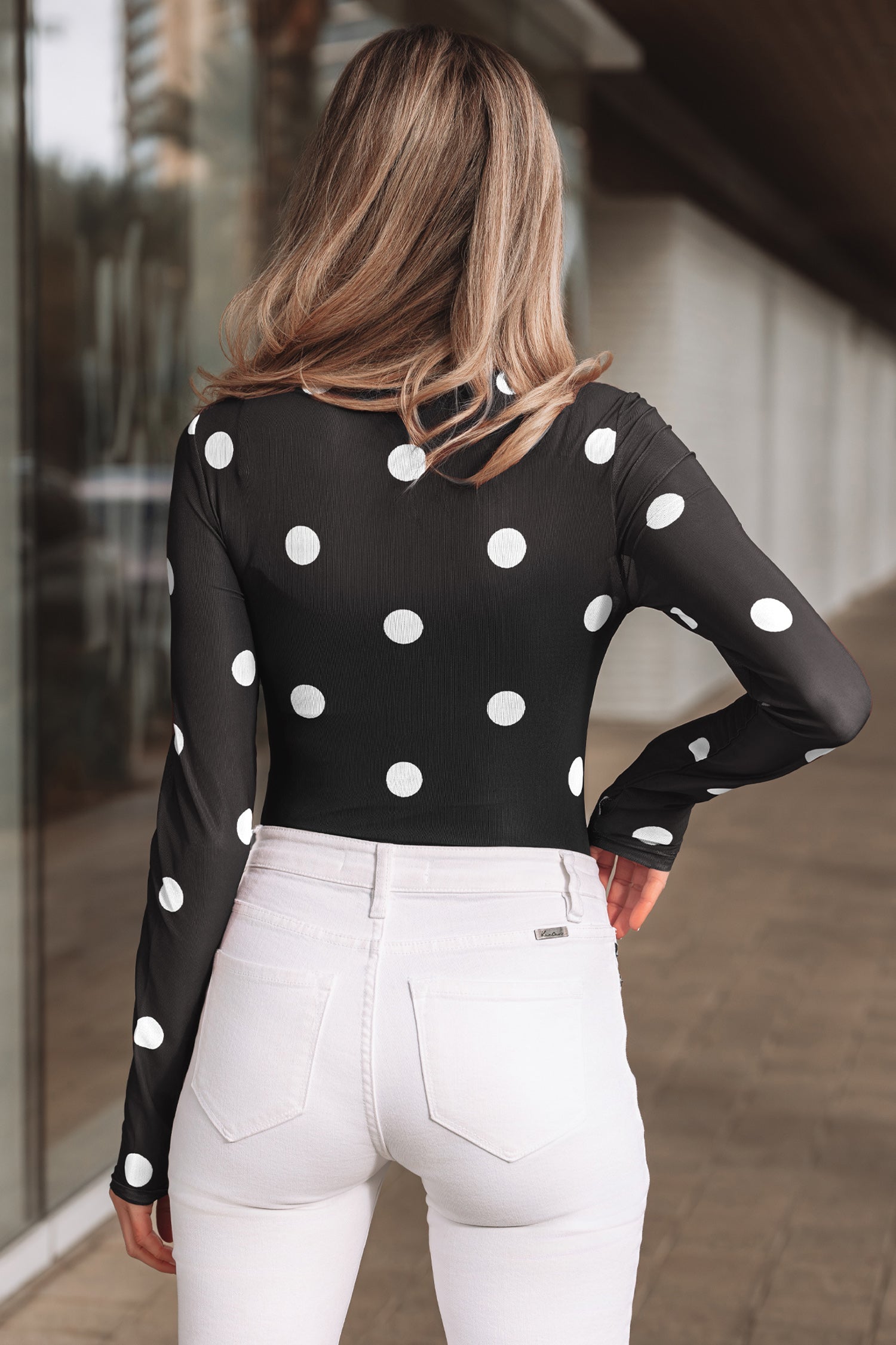 Polka Dot Print Mesh Long Sleeve Bodysuit