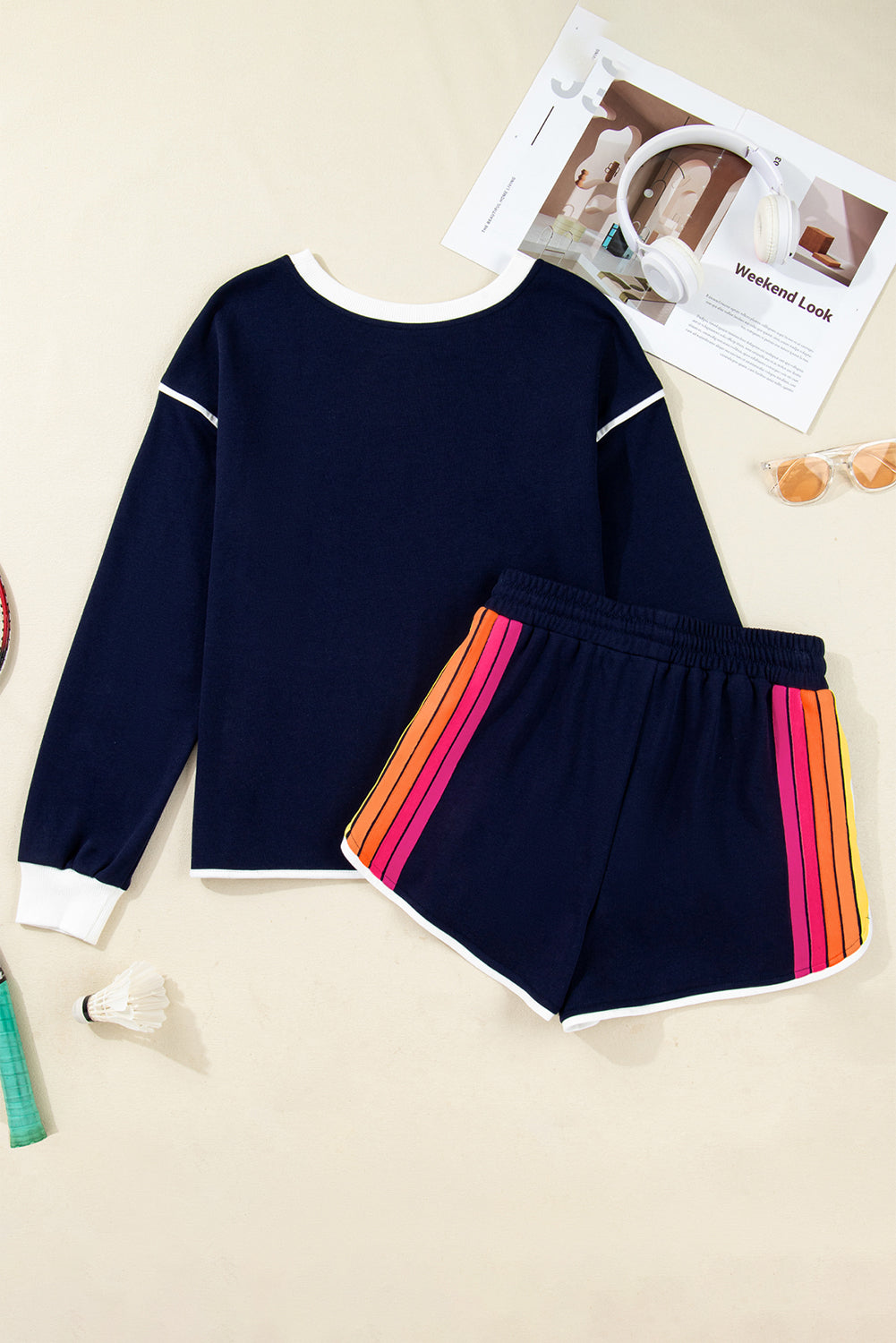 Colourful Striped Accent Varsity Long Sleeve Pullover and Shorts Co-ord Set - eAura