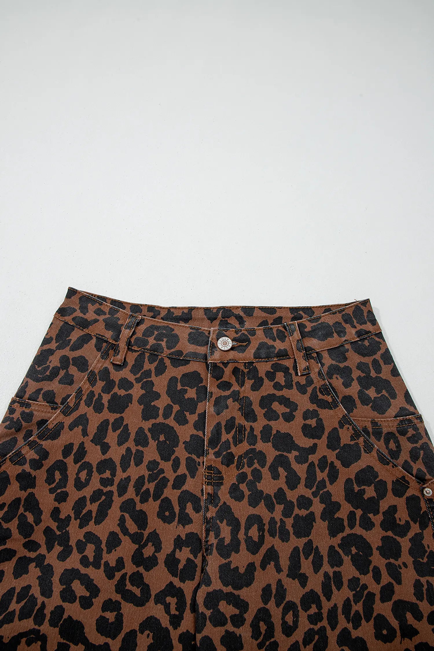 Brown Clear Seam Detail Patchwork Leopard Print Barrel Jeans