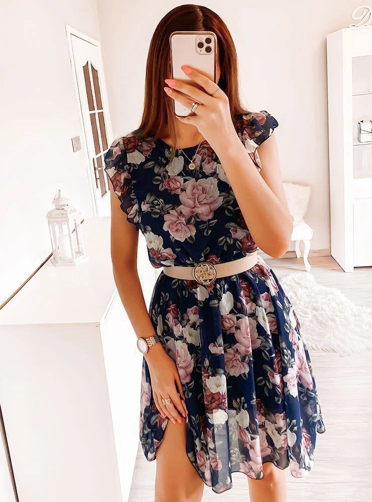 Chiffon Cap Sleeve Rose Print Dress eprolo