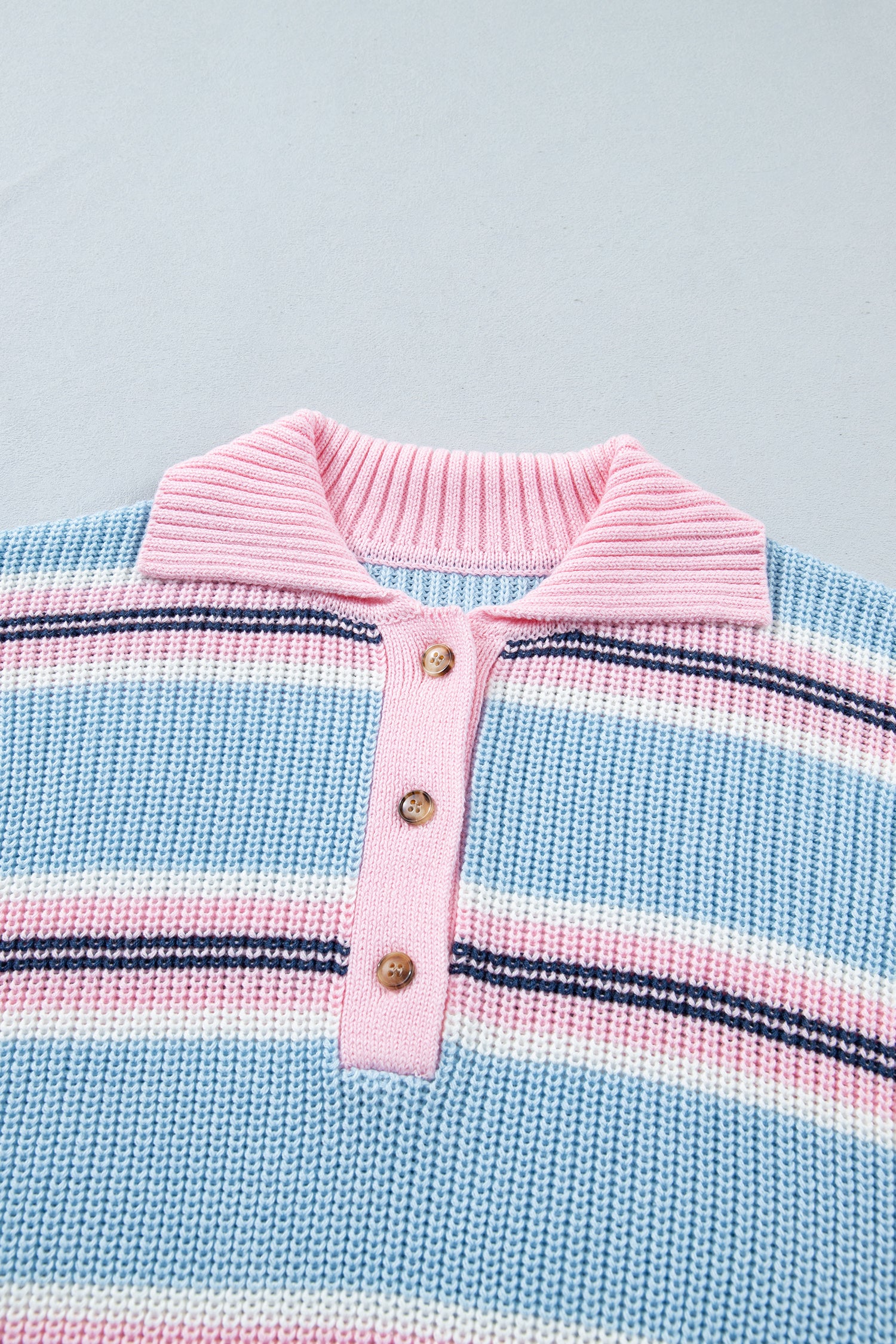 Striped Button Collar Long Sleeve Shift Fit Winter Knitwear Sweater – Sky Blue Stripe