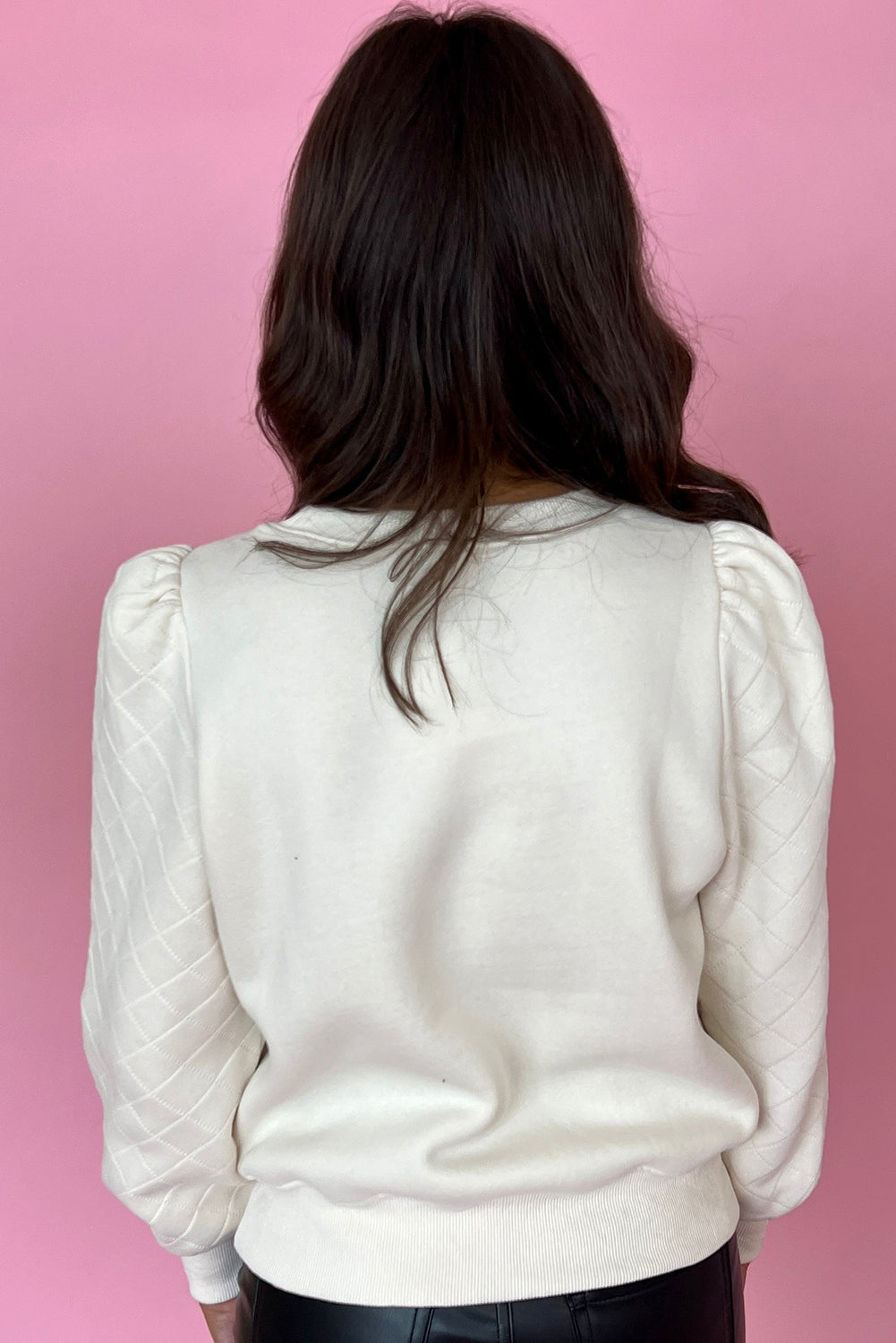 White Solid Puff Sleeve Round Neck Pullover Sweatshirt eAura