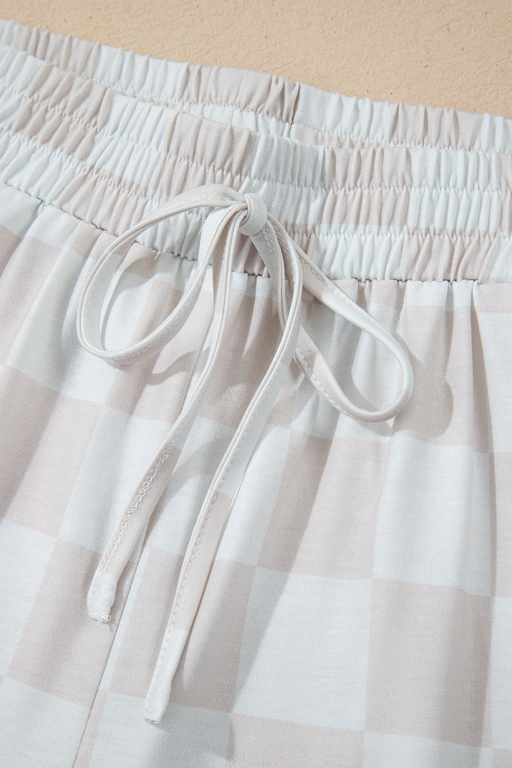 Beige Checkered V Neck Tee Drawstring Shorts Lounge Set eAura