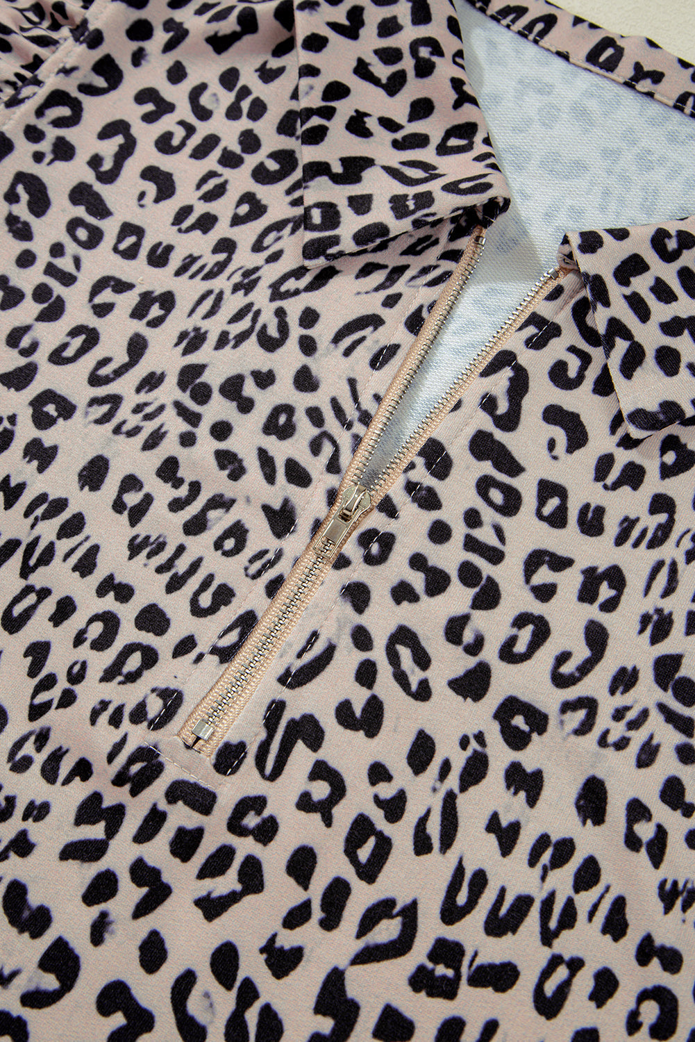 Brown Leopard Half Zipper Collared Ruffled Sleeve Top and Short Set eAura