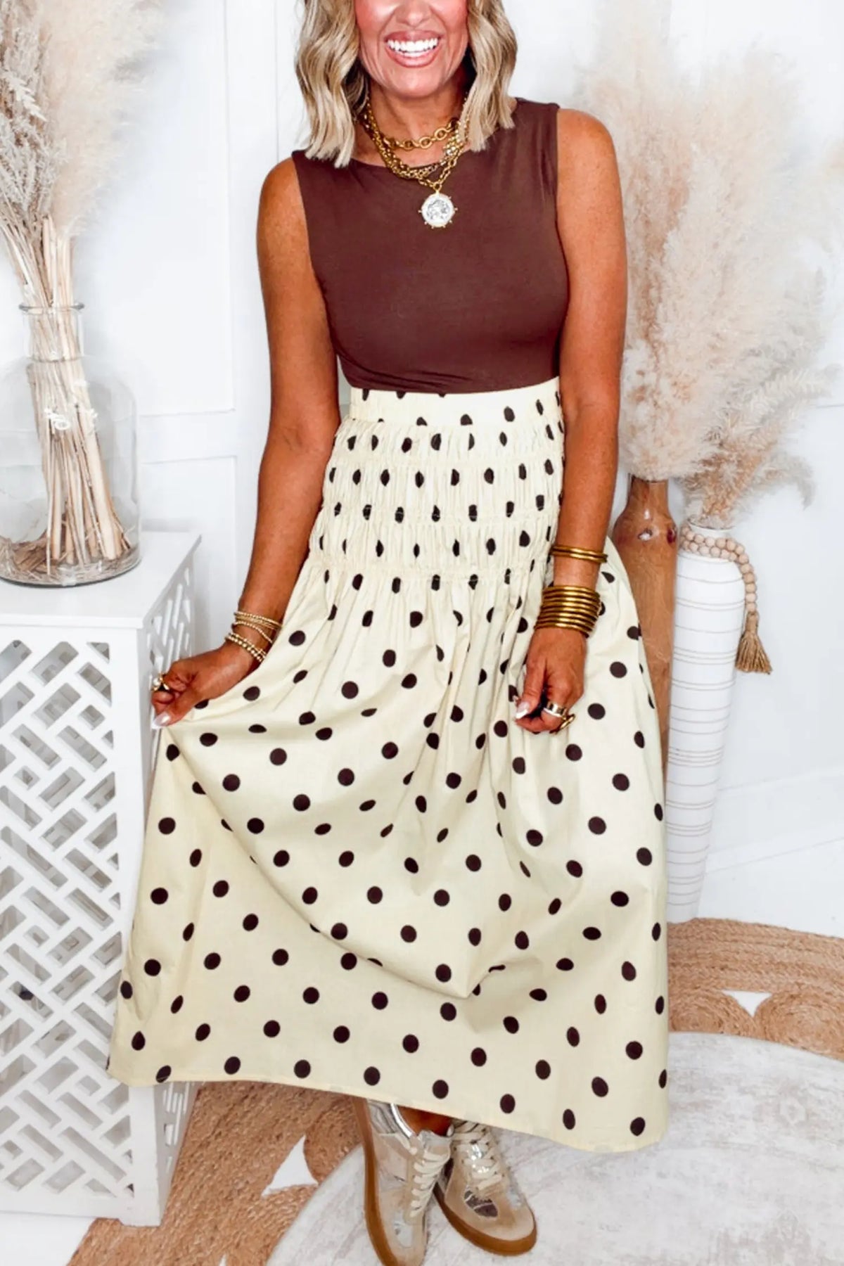 Smocked High Waist Long Skirt with Polka Dot Print
