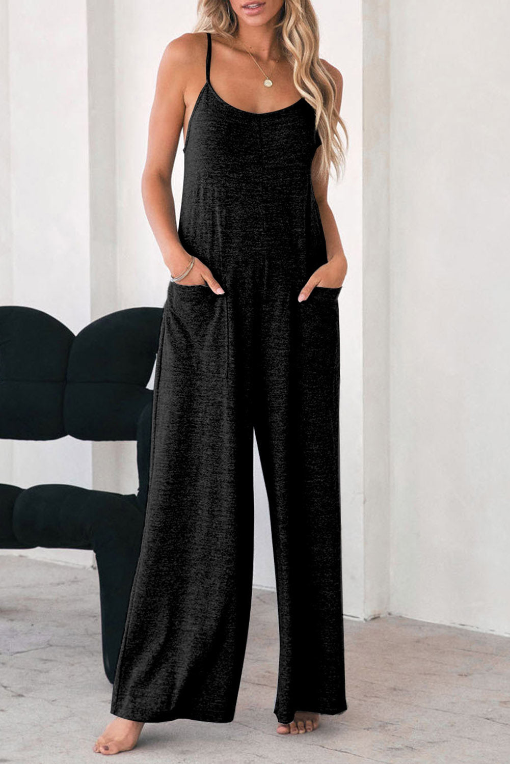 Grey Patch Pockets Spaghetti Strap Wide Leg Jumpsuit eAura
