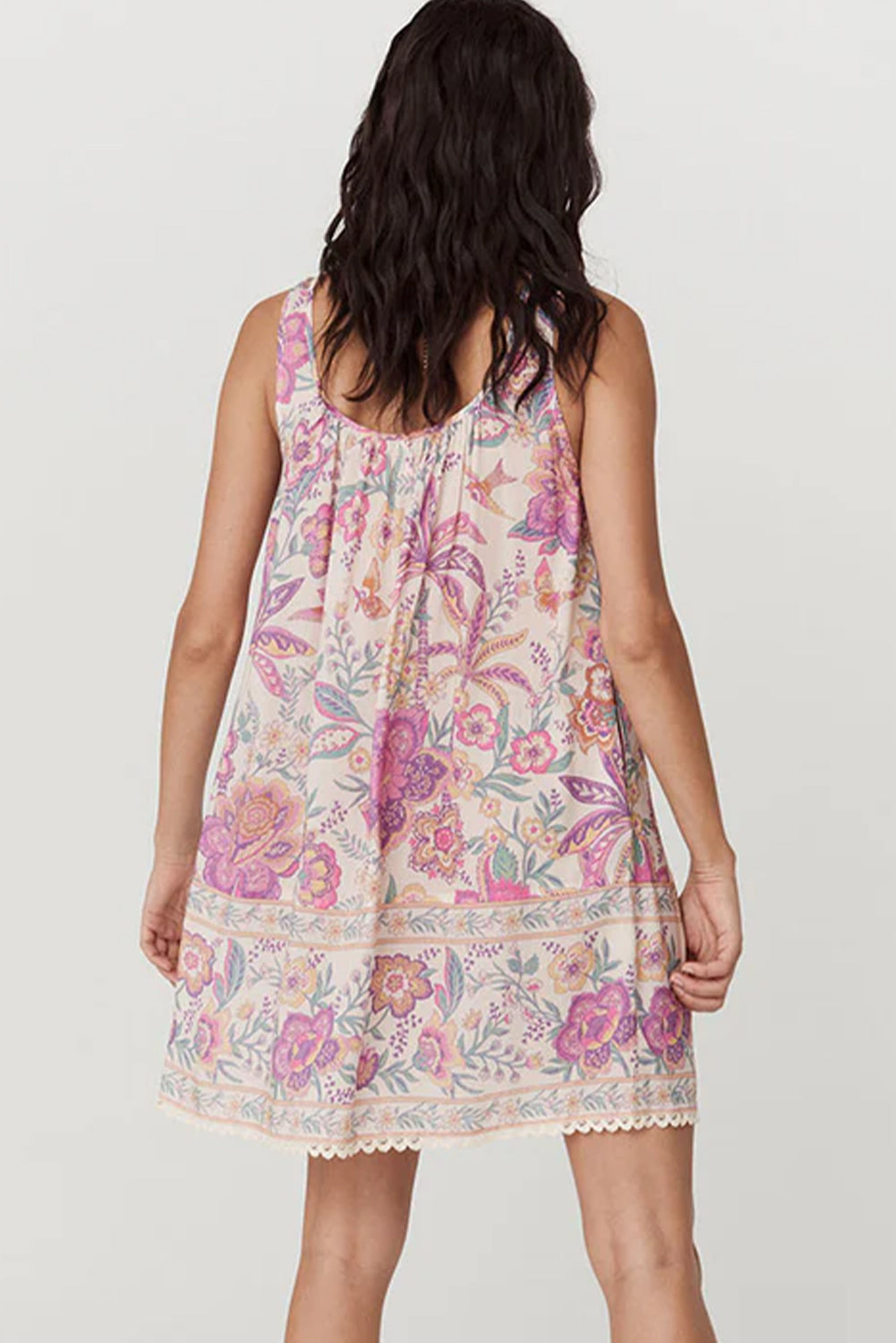 Multicolour Floral Print Fringed Tie U Neck Sleeveless Mini Dress eAura