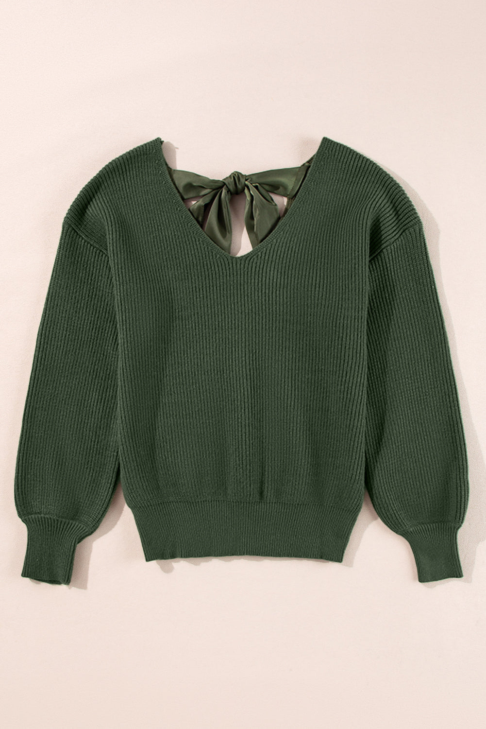 Jungle Green Lantern Sleeve V Neck Knot Back Sweater eAura