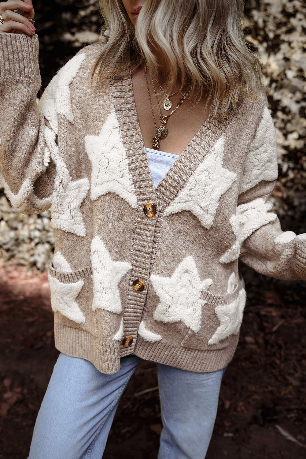 Sherpa Star Pattern Textured Sweater Cardigan with Pockets eAura