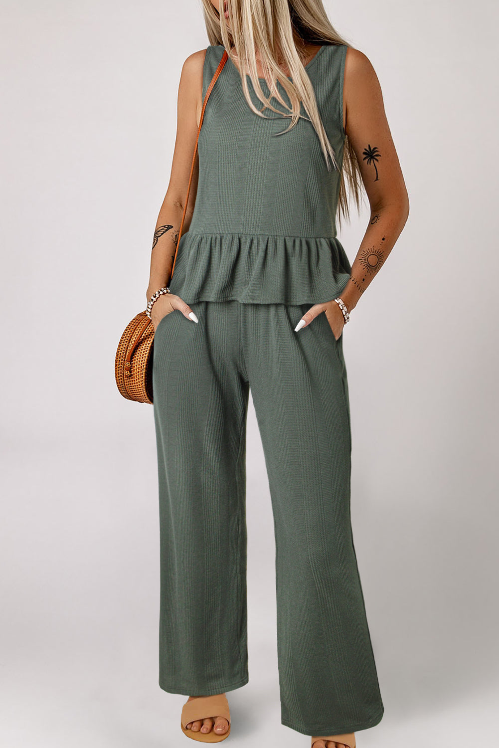 Duffel Green Solid Colour Ribbed Ruffle Tank Top and Trousers Set eAura
