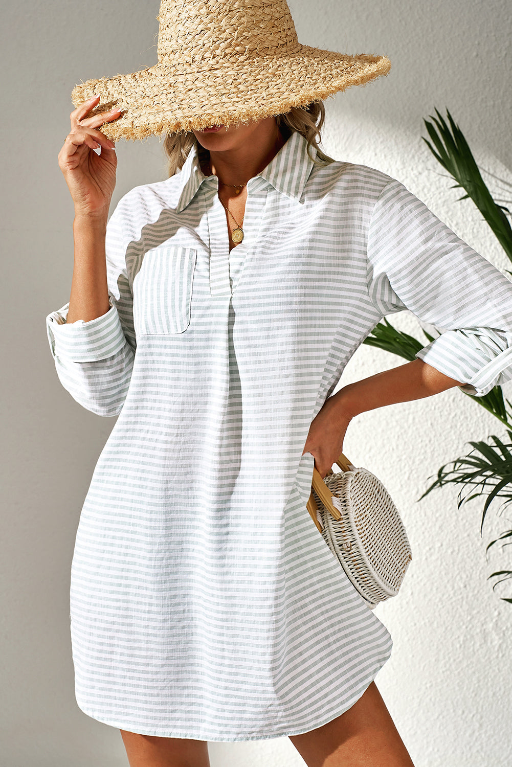 White Stripe Collared V Neck Chest Pocket Long Sleeve Beach Cover up eAura