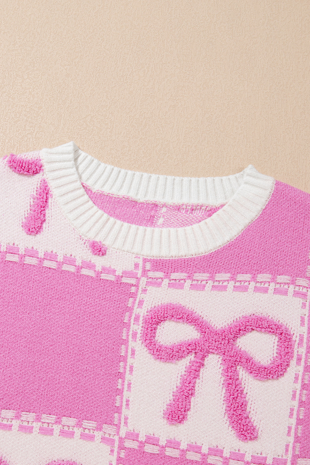 Pink Bow Knot Two Tone Checkered Crew Neck Sweater eAura