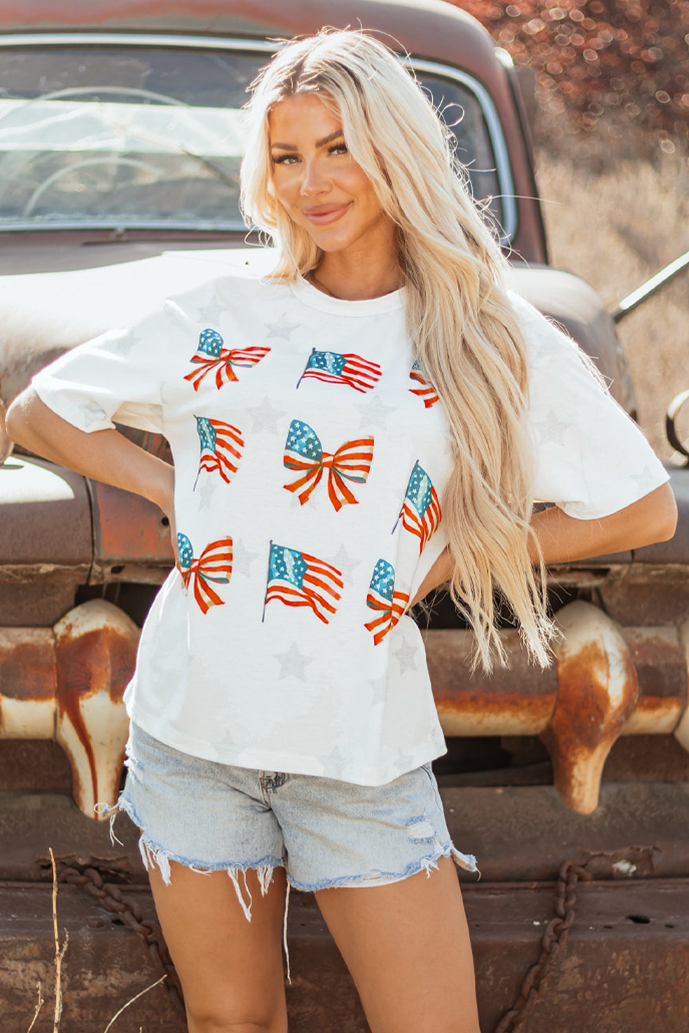 Khaki Patriotic Flag Bow Graphic Starry Round Neck T Shirt - eAura