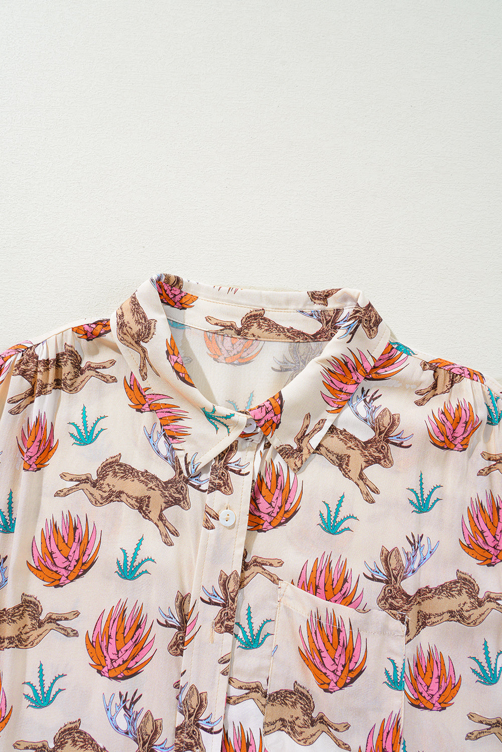 Khaki Plus Size Western Pattern Print Buttoned Short Sleeve Shirt BB Fashion Outlet