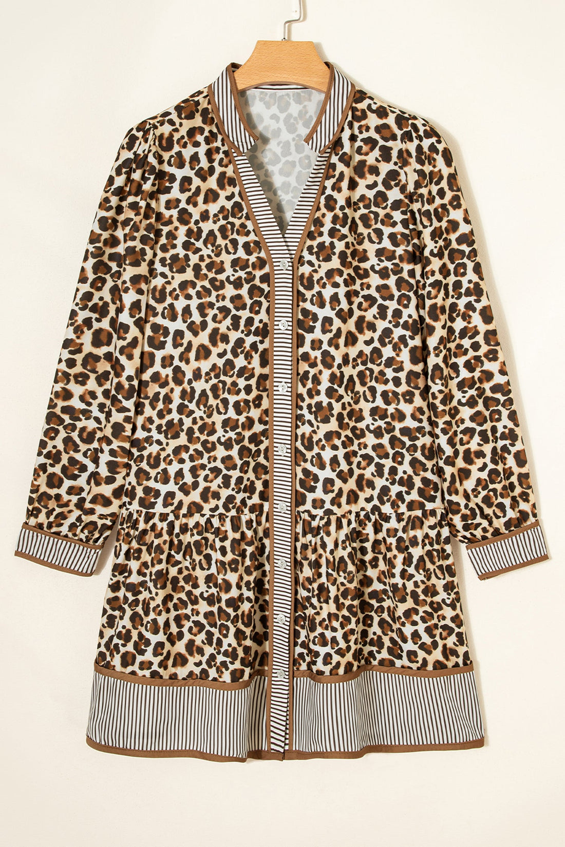 Leopard Print Striped Patchwork 3/4 Sleeve Loose Mini Dress - Dresses/Mini Dresses