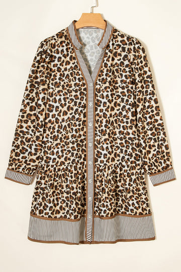 Leopard Print Striped Patchwork 3/4 Sleeve Loose Mini Dress - Dresses/Mini Dresses