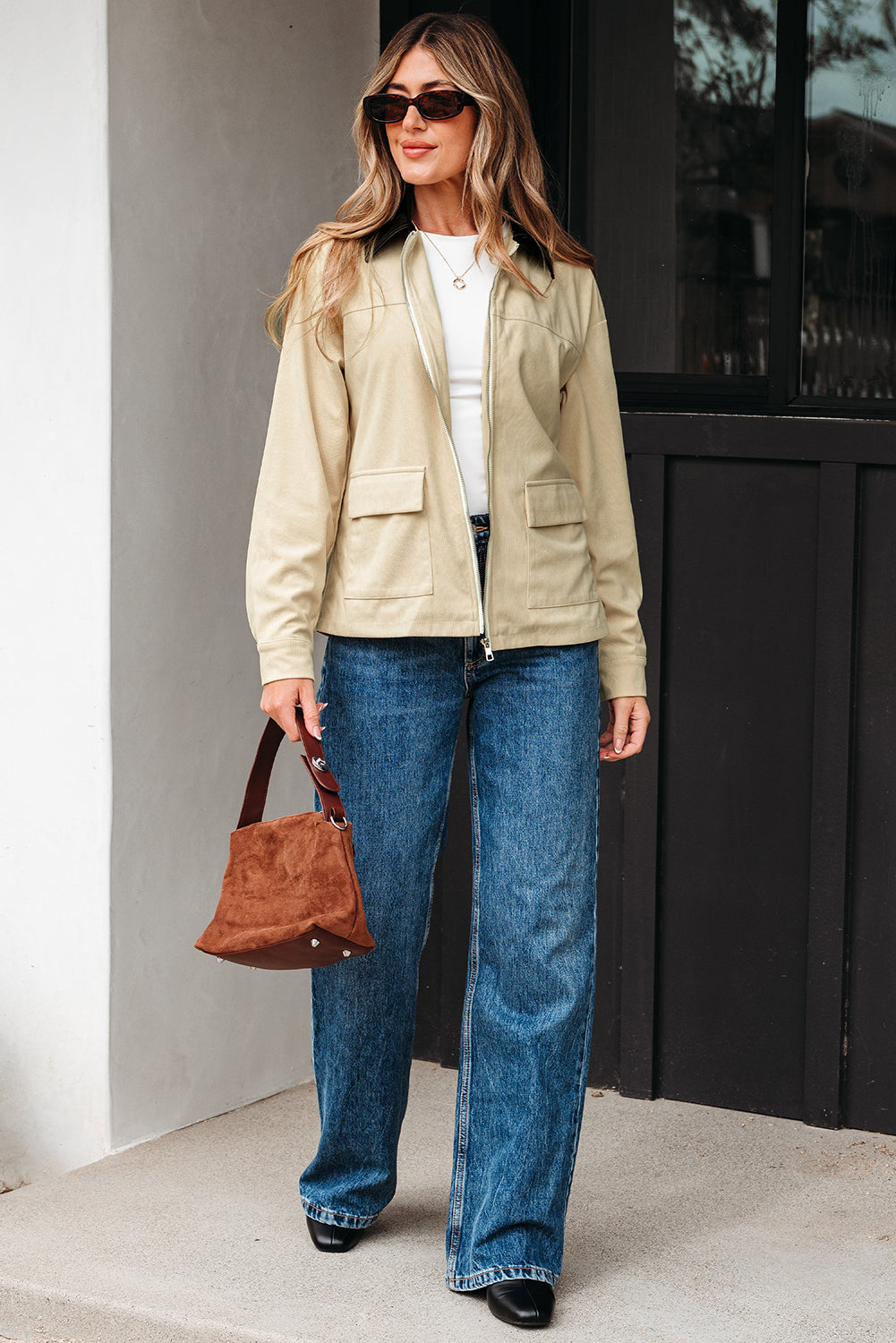 Contrast Faux Leather Collar Textured Zip-Up Jacket - eAura