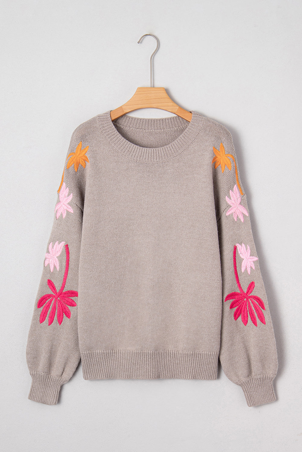 Embroidered Floral Sleeve Round Neck Loose Sweater - eAura