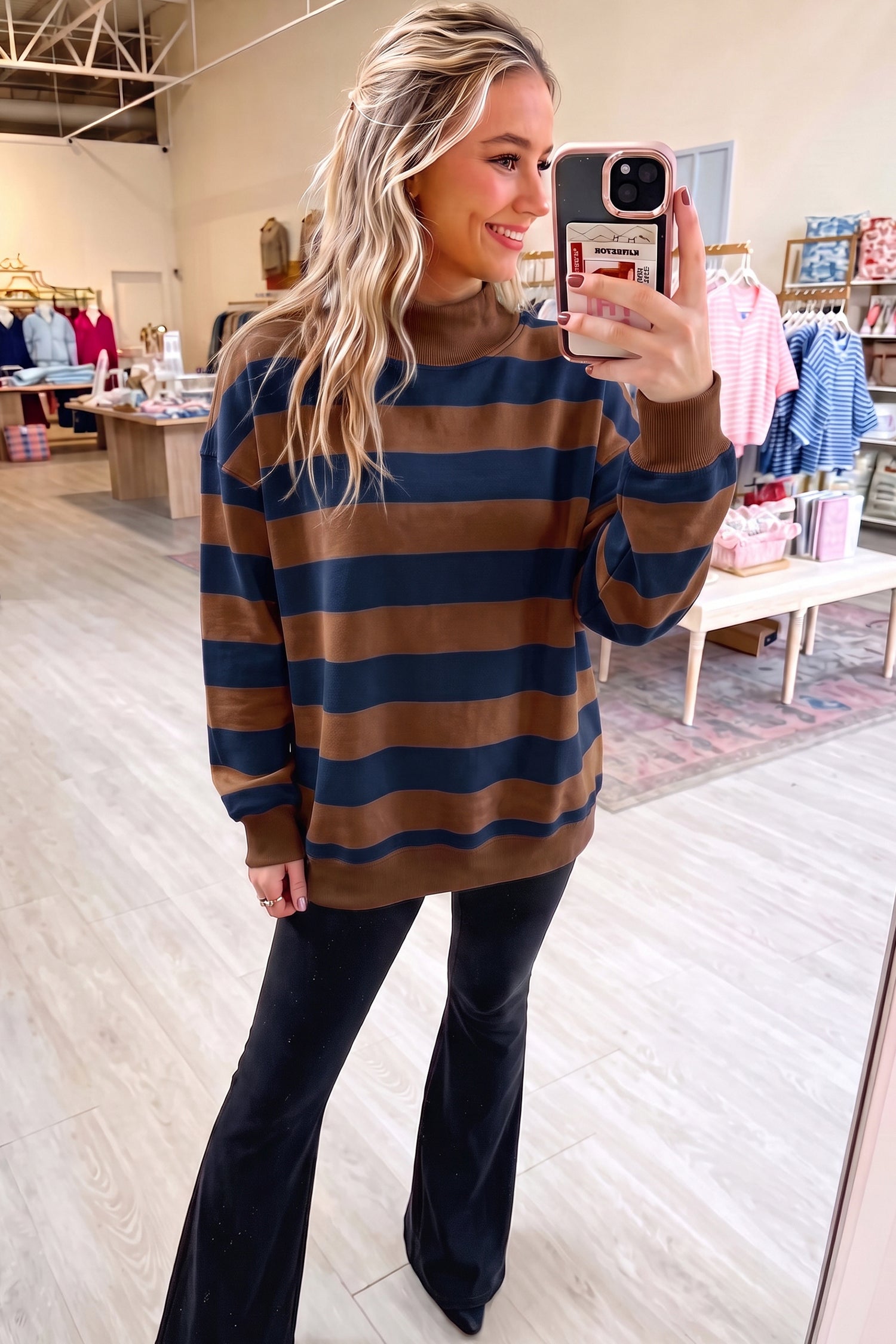 Colorblock Mock Neck Relaxed Sweatshirt – Brown Stripe