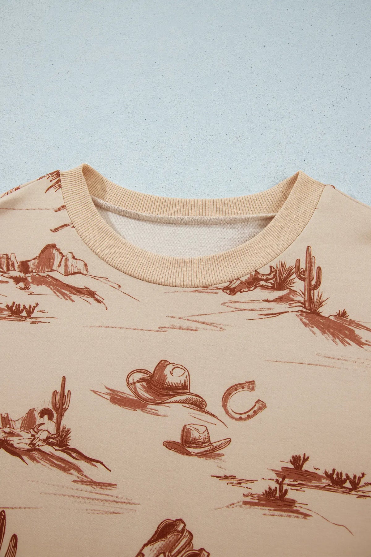 Western Print Loose Fit Long Sleeve Top Short Set – Beige