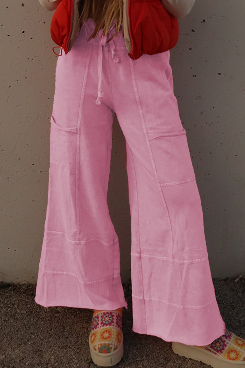Mineral Wash Exposed Seam Drawstring High Waist Wide Leg Cargo Trousers eAura
