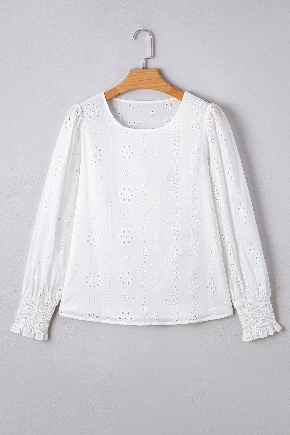 White Eyelet Embroidered Smocked Cuff Sheer Blouse Dear-Lover Dropshipping