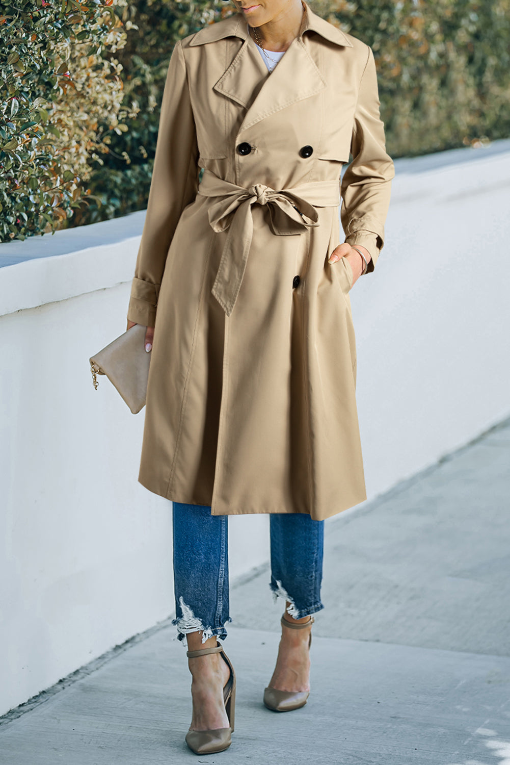 Pale Khaki Solid Colour Lapel Collar Waist Tie Wind Coat eAura