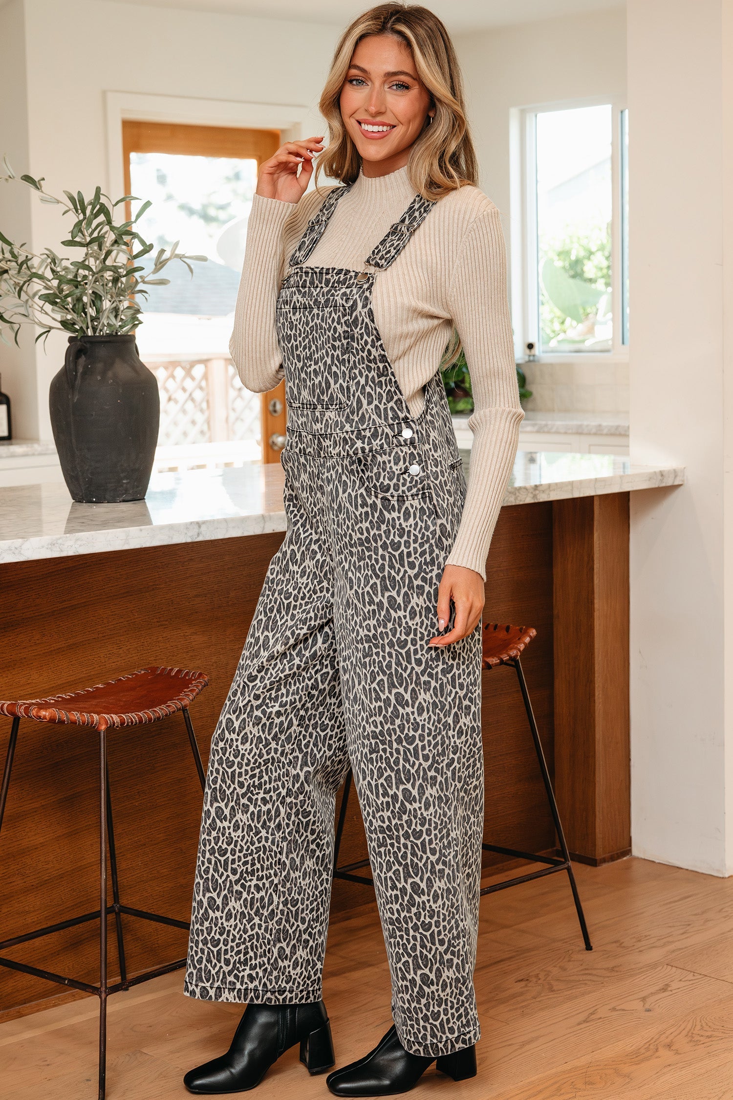 Leopard Print Straight Leg Loose Denim Jumpsuit Dungarees - Bottoms/Jumpsuits & Rompers