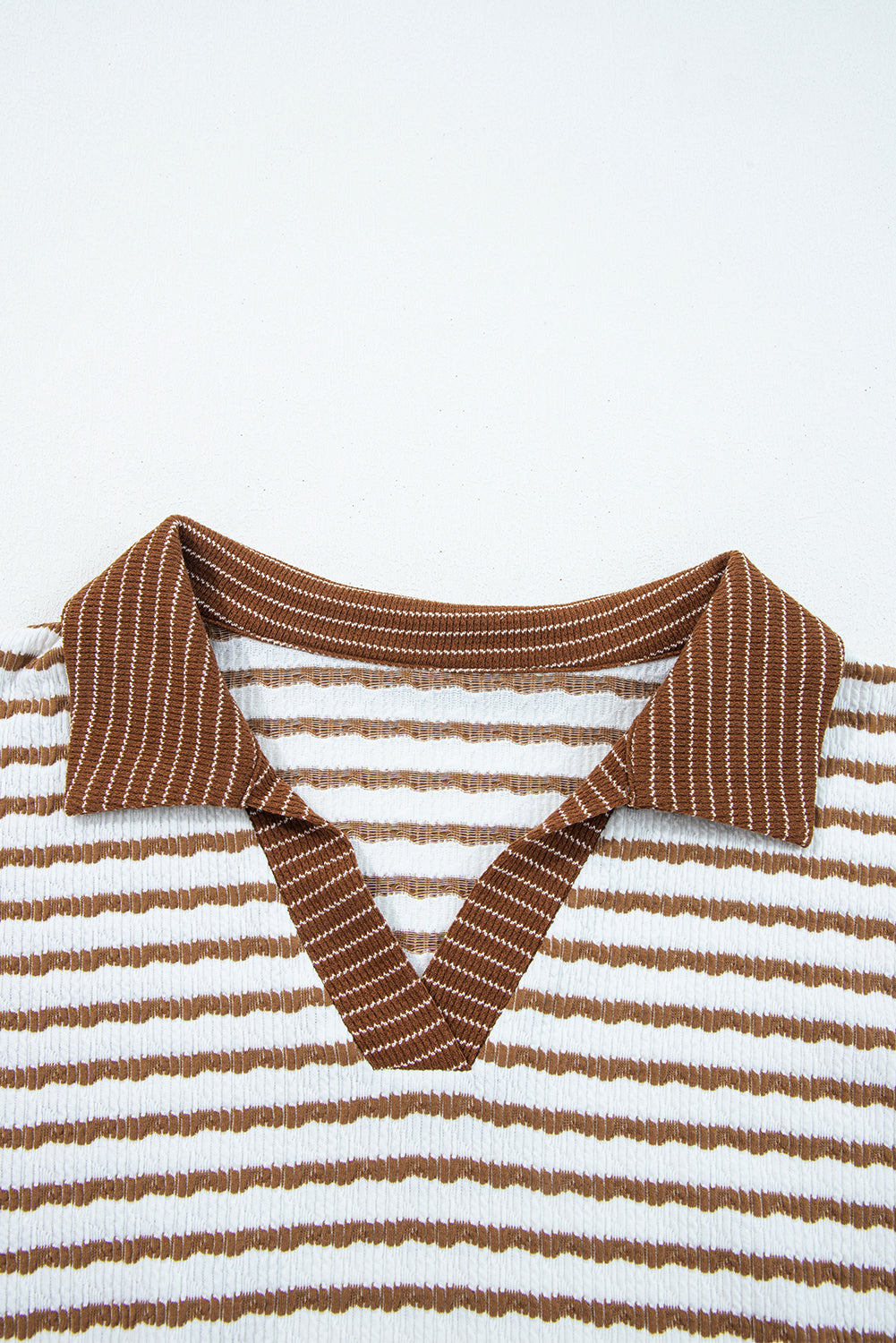 Khaki Stripe Plus Size Collared V-Neck Oversized Pullover Drawstring Elastic Waist Wide Leg Pant Co-ord Set - eAura