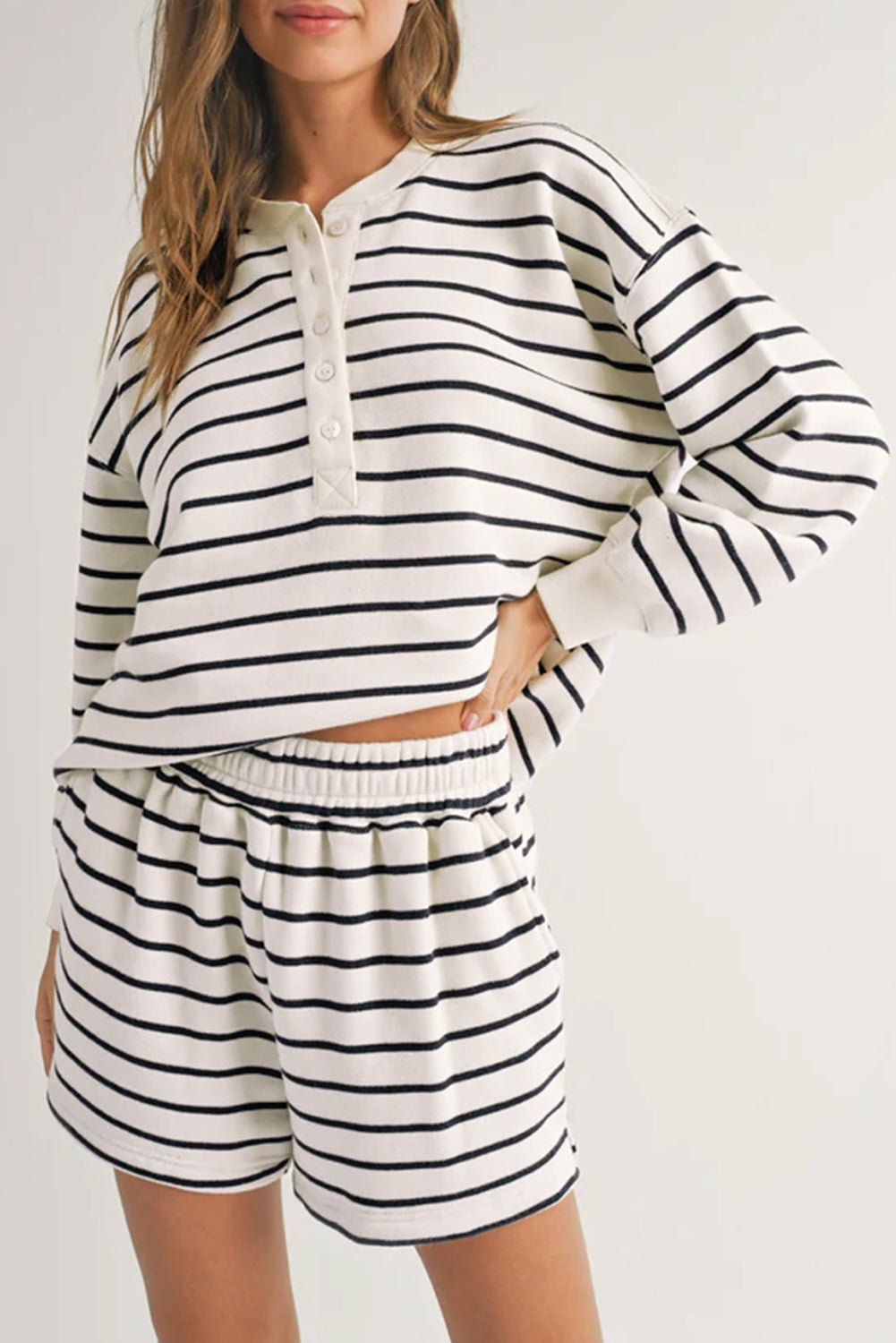 Black white Stripes Printed Half Button Long Sleeve Top and Shorts Set BB Fashion Outlet