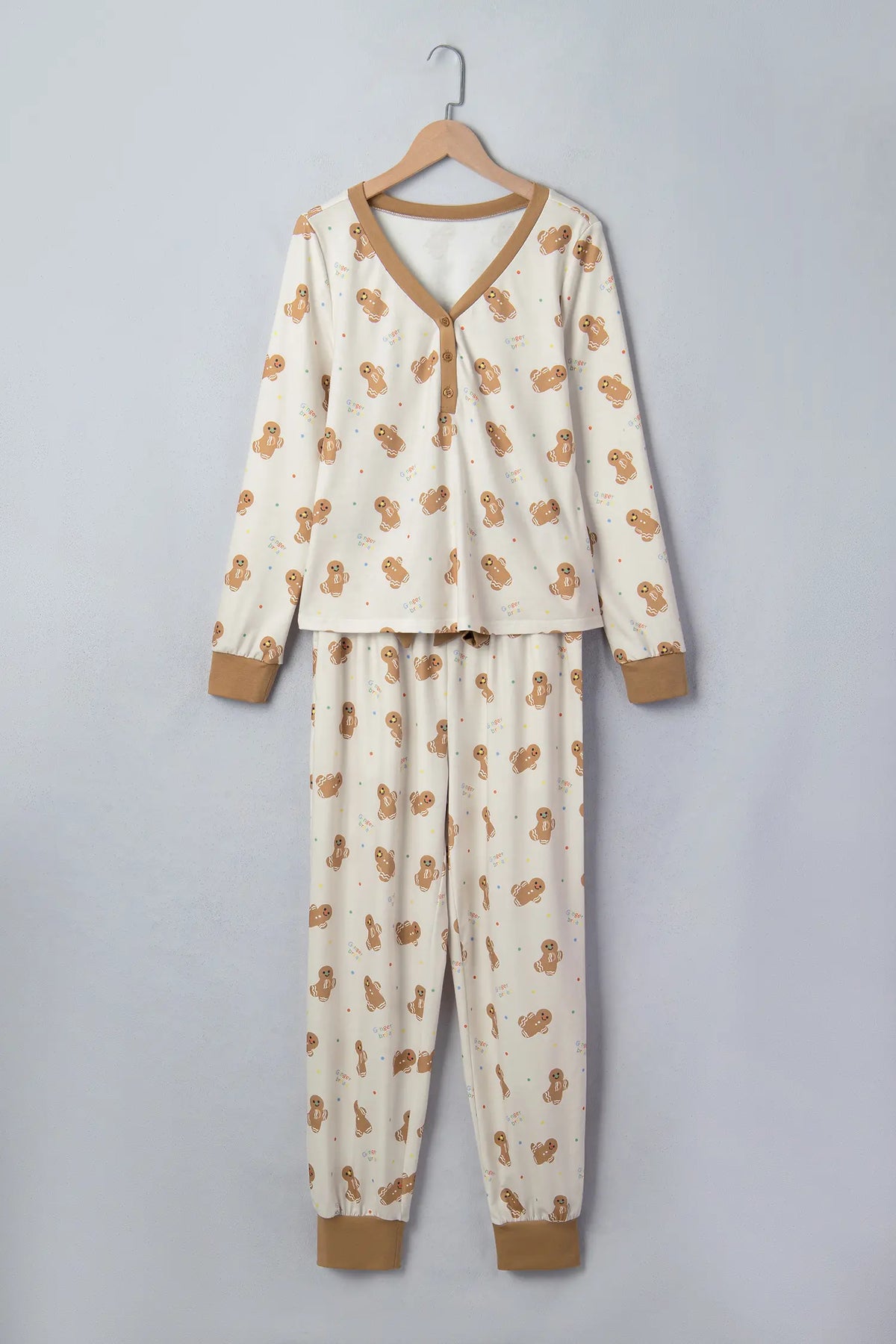 Khaki Abstract Gingerbread Print Colorblock Long Sleeve Two Piece Lounge Set