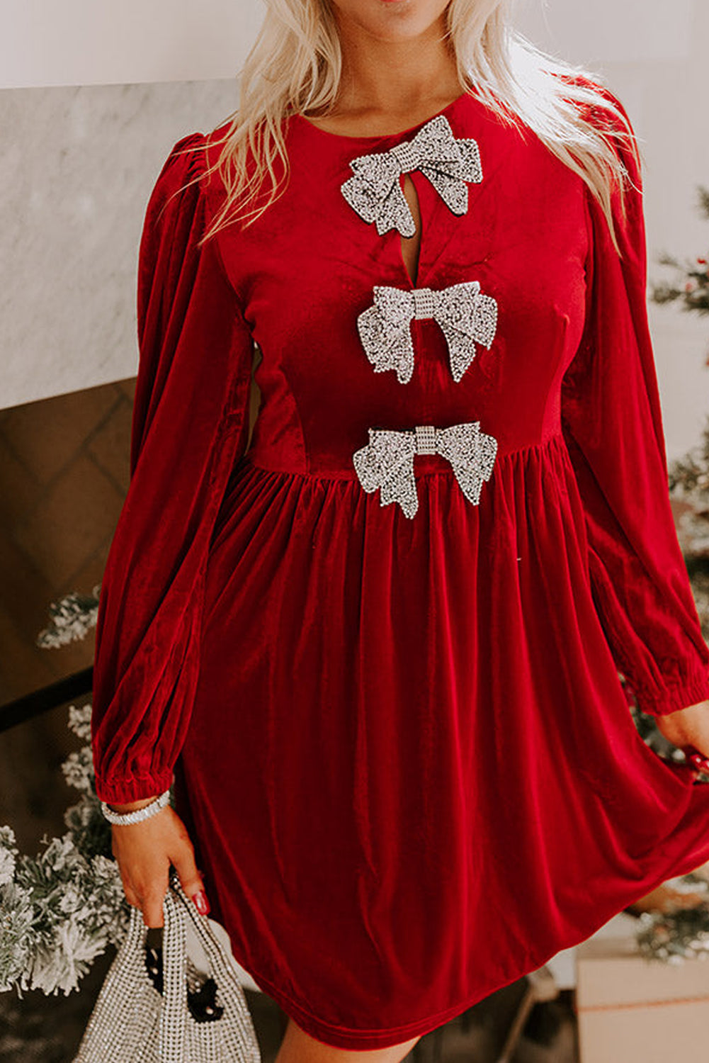 Bowknot Decor High Waist Velvet Mini Dress - eAura