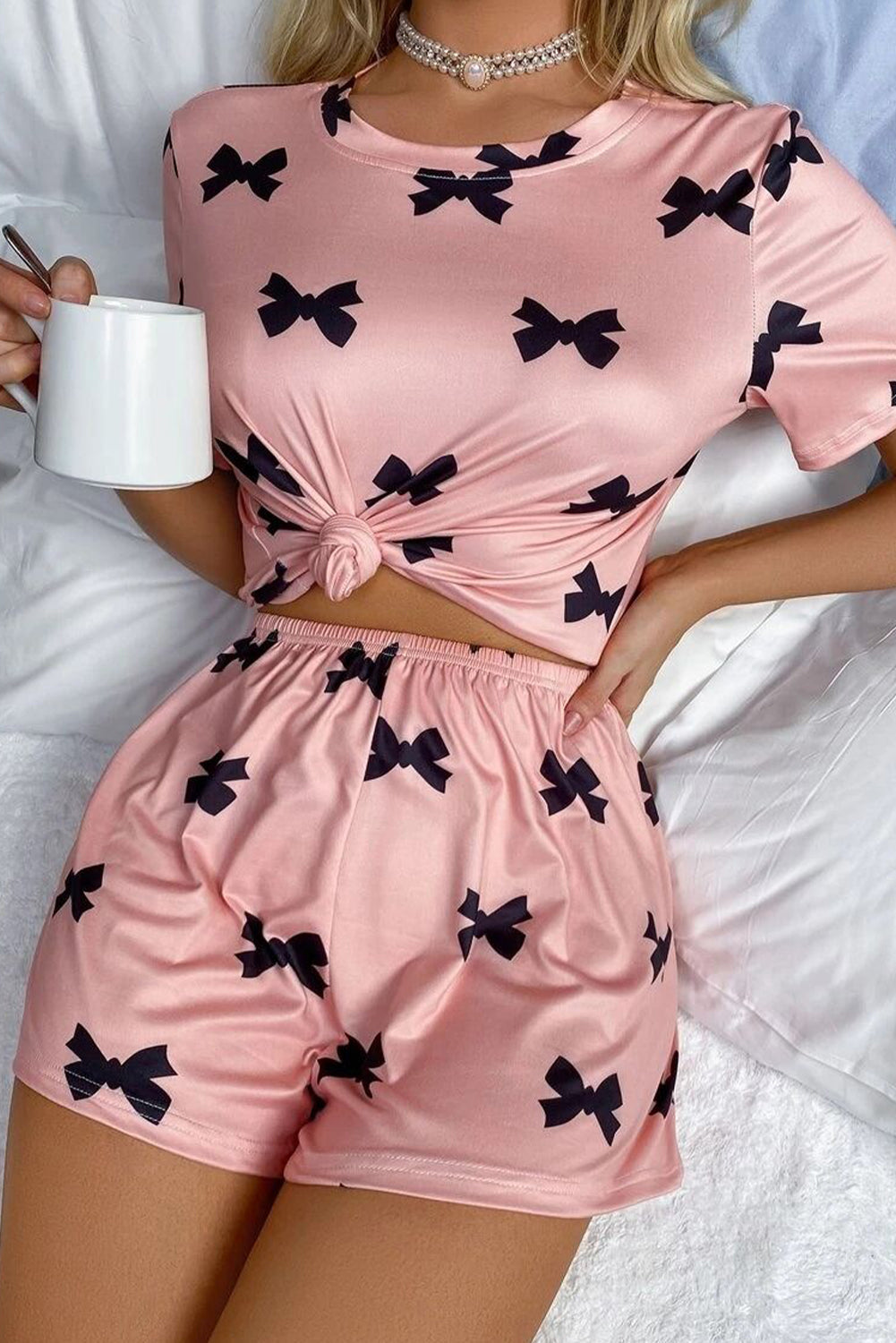 Pink Bow Printed Short 2pcs Lounge Set Pyjamaes eAura