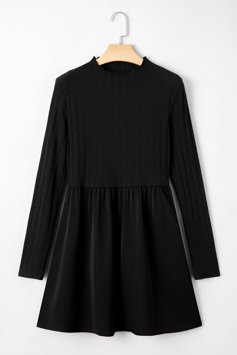 Black Frilled Neck Ribbed Knit Patchwork Long Sleeve Mini Dress Dear-Lover Dropshipping