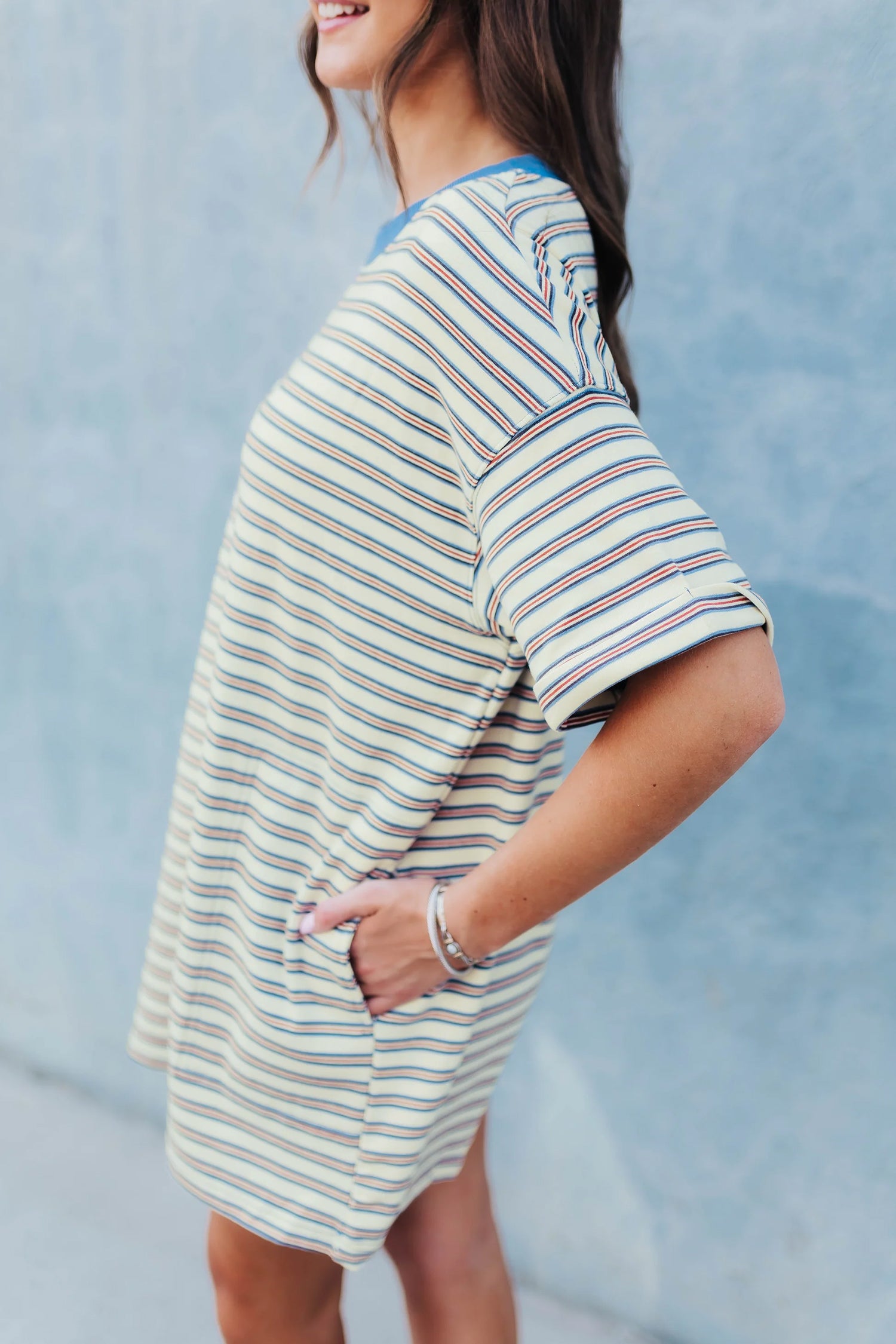 Stripe Drop Shoulder Cuffed Sleeve Loose Tunic T-Shirt Mini Dress
