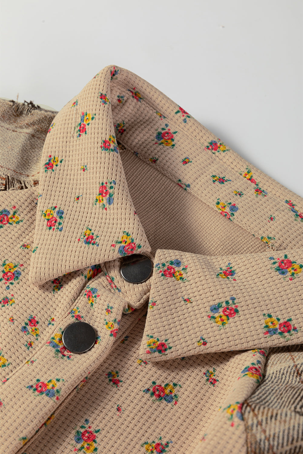 Boho Floral Plaid Patchwork Distressed Detail Ruffled Sleeve Waffle Shacket - eAura