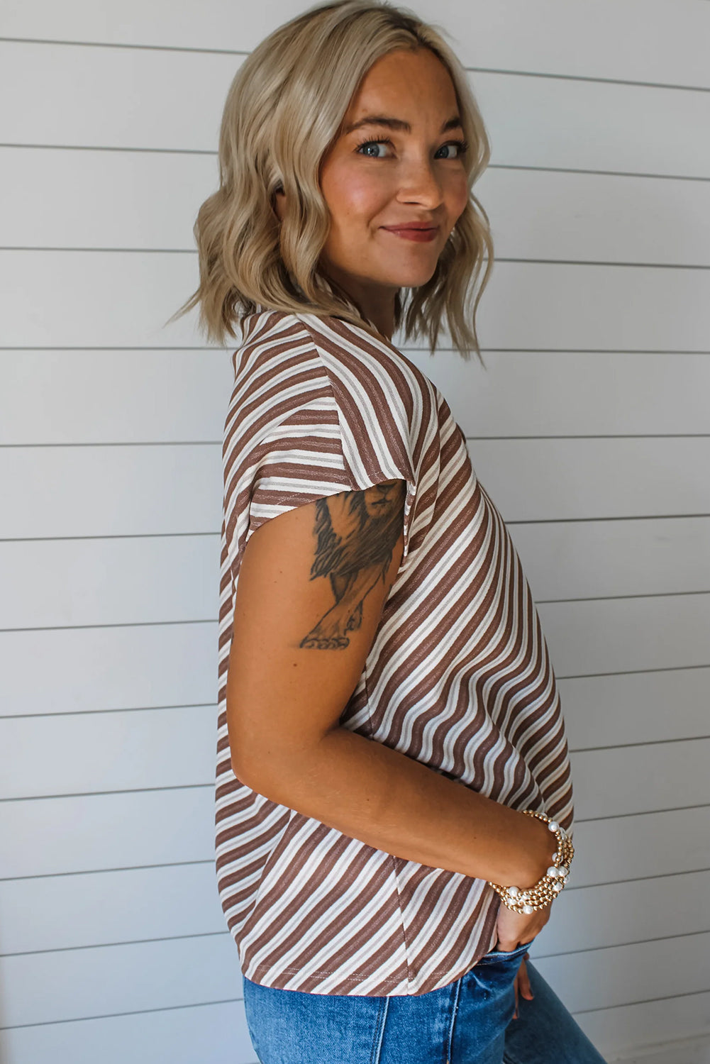 Chestnut Striped Stand V Neck Short Sleeve Blouse eAura