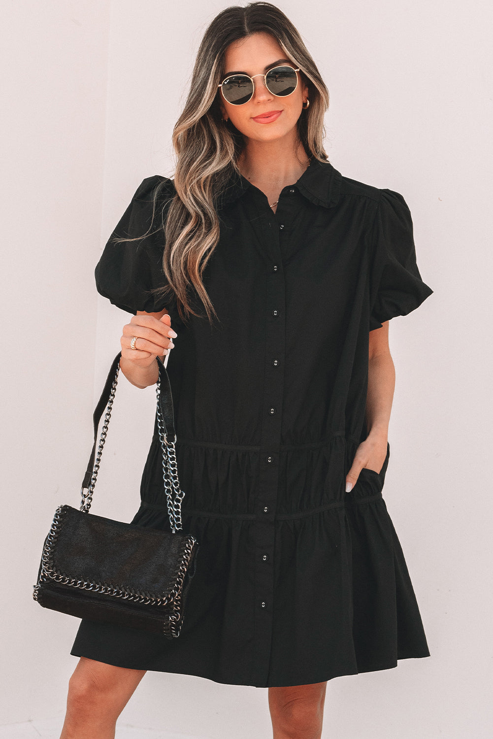 Black Shirt Style Button Down Puff Sleeve Ruffle Hem Dress eAura