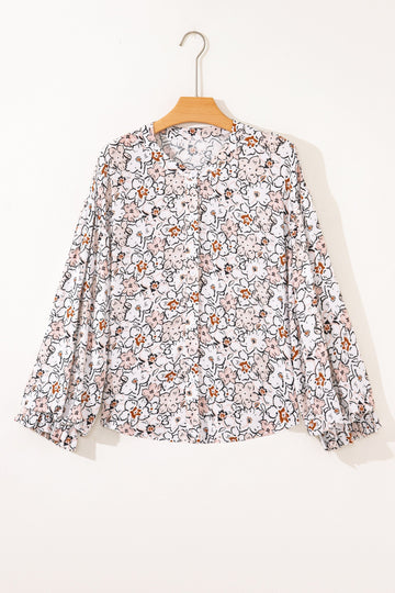 Bold Floral Print Frilled Puff Sleeve Button Down Shirt - eAura