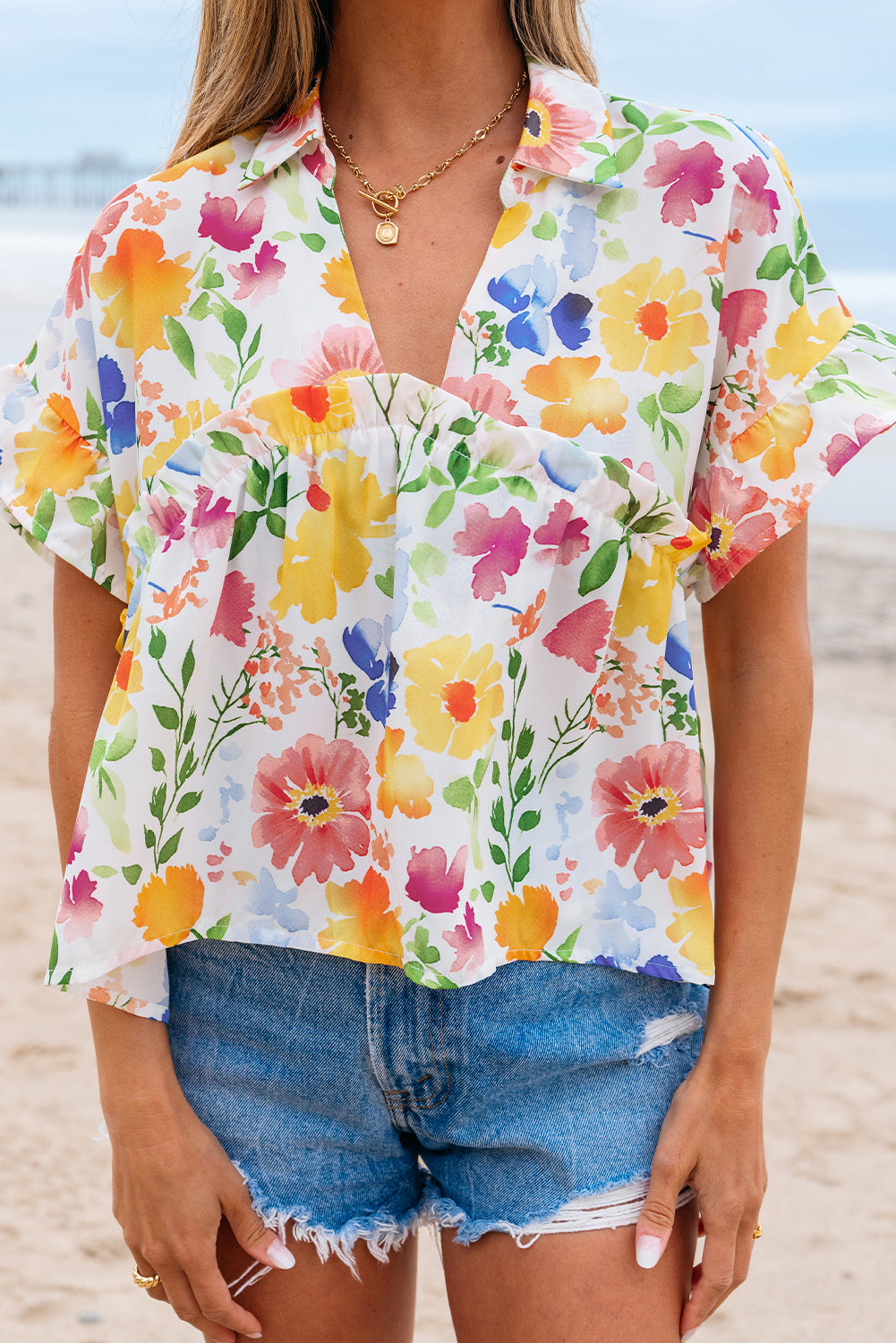 Yellow Floral Boxy Fit Ruffled Short Sleeve V Neck Blouse eAura