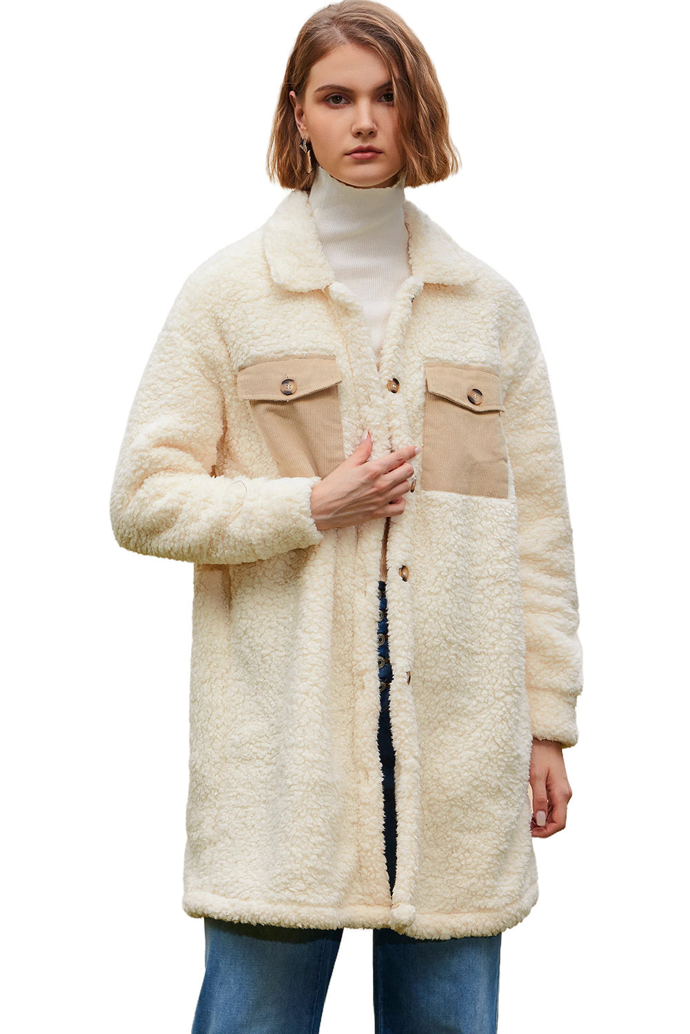 Beige Contrast Flap Pocket Single Breasted Teddy Coat eAura