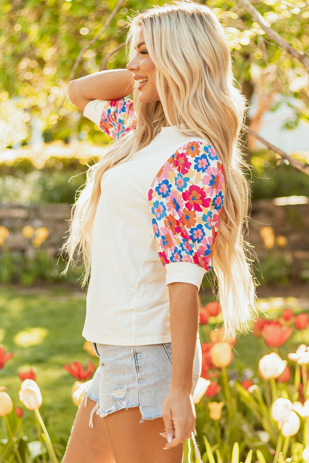 Beige Floral Puff Sleeve Patchwork Round Neck Top eAura