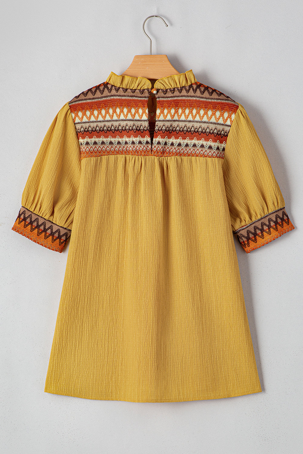 Mustard Geometric Short Puff Sleeve Frilled Collar Blouse eAura
