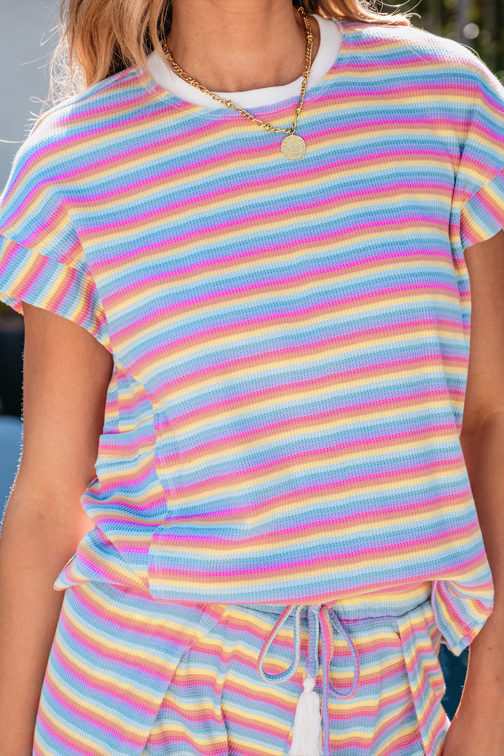 Pink Stripe Rainbow Tee Tasseled String Wide Leg Trousers Co-ord eAura