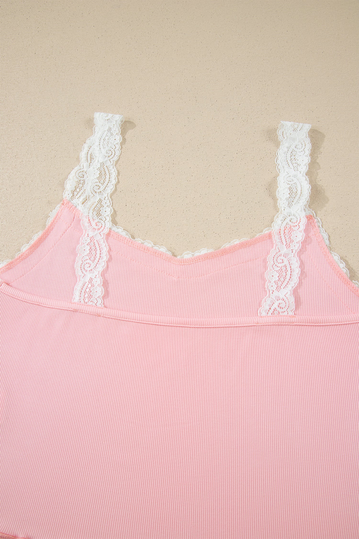 Ribbed Knit Lace Straps Patchwork Lettuce Hem Cropped Top Floral Short Lounge Set – Pink