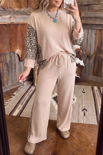 Light French Beige Leopard Print Ribbed Twist Long Sleeve Top Pants Plus Size Set