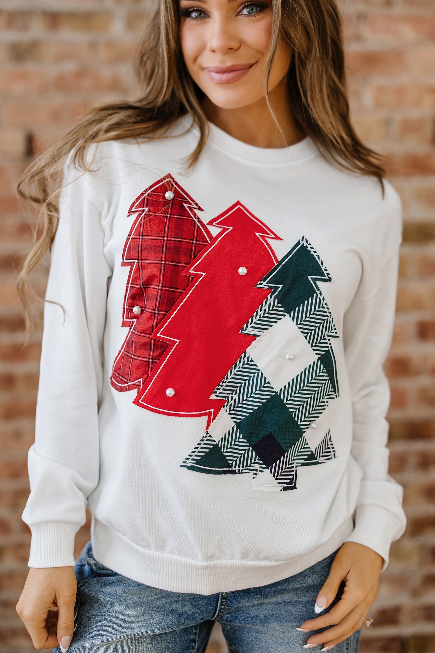 Pearl Plaid Christmas Tree Patched Drop Shoulder Sweatshirt - eAura